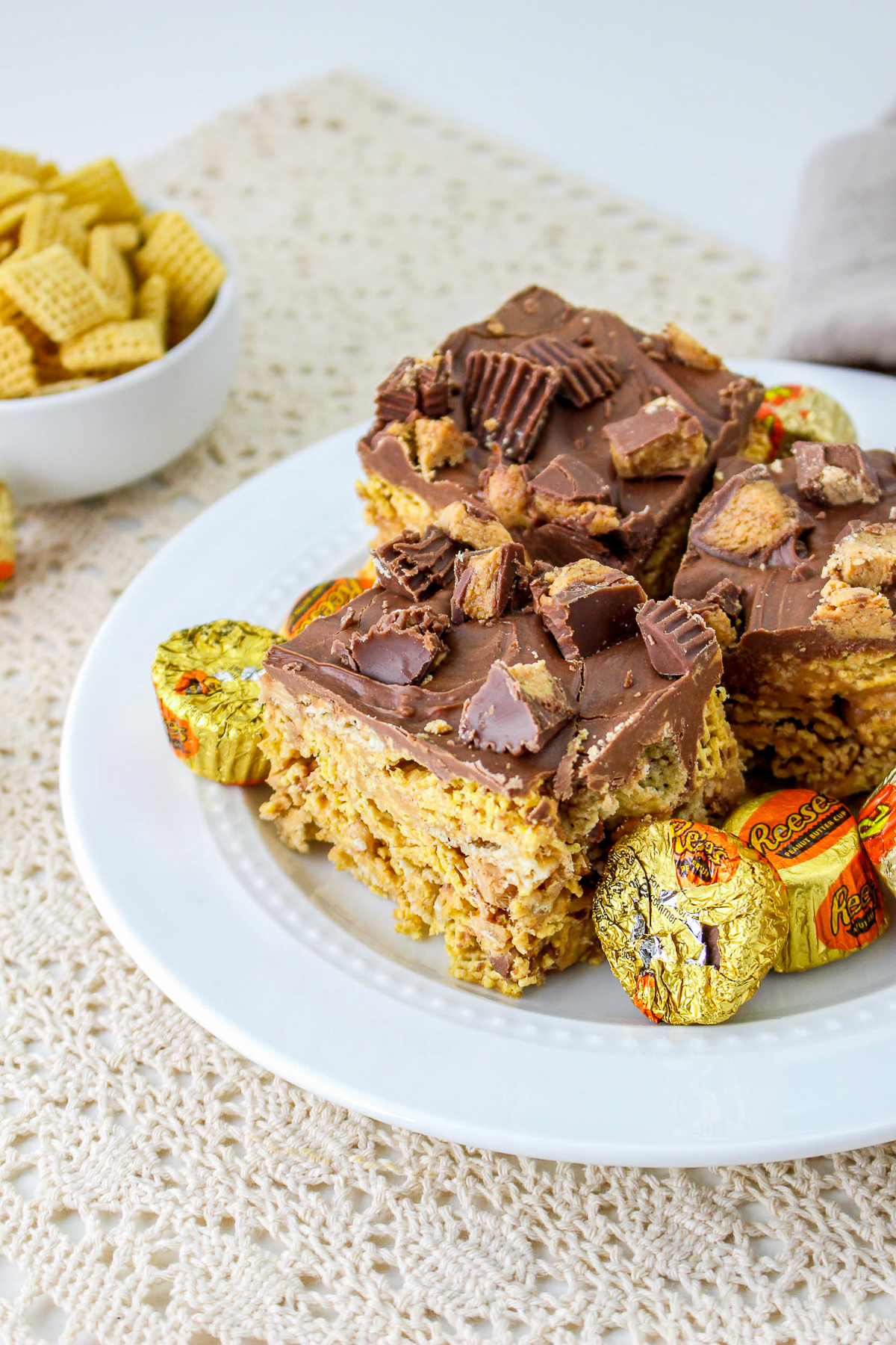45 degree angle of Cereal Bars on white plate
