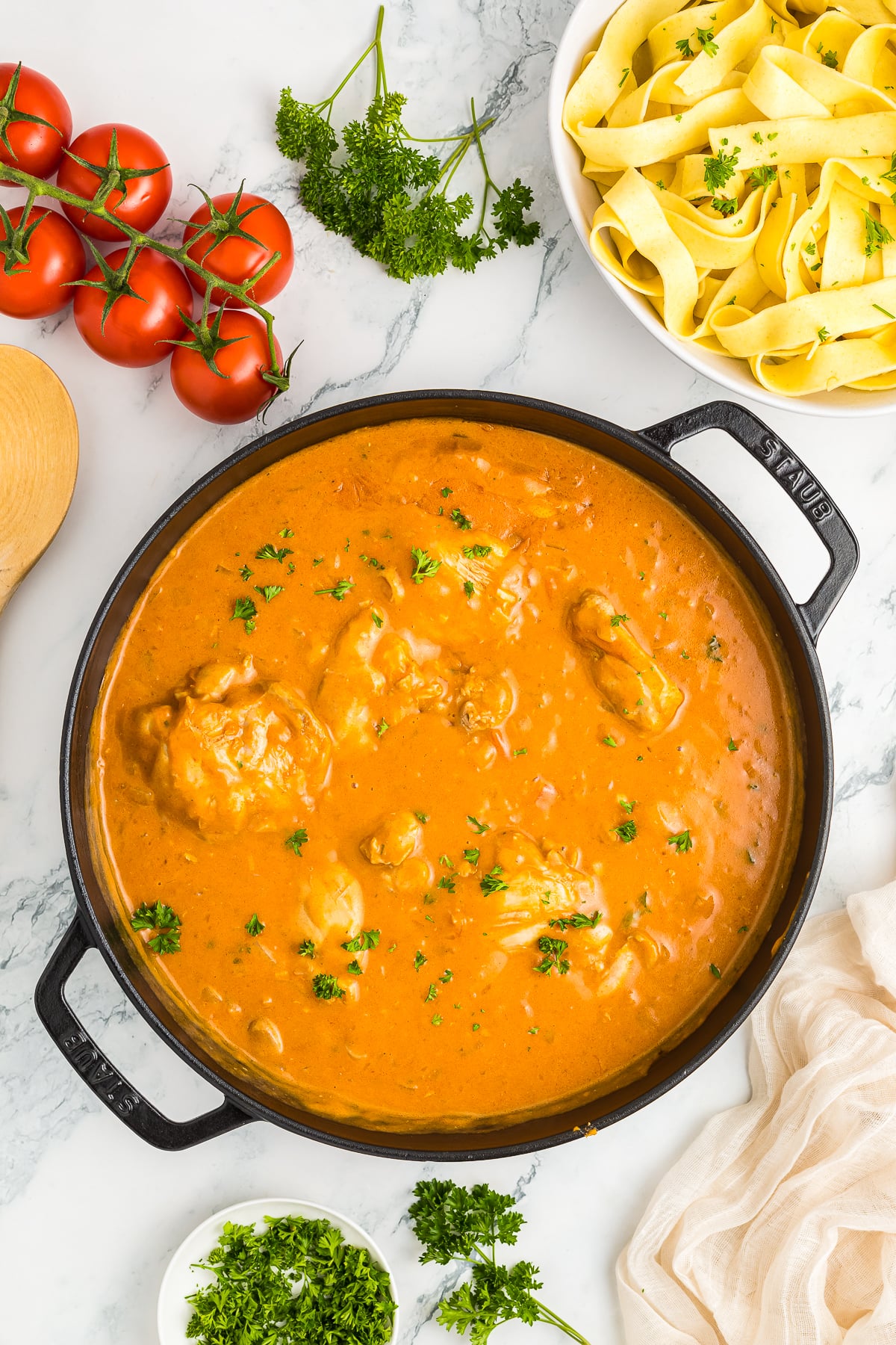 overhead image of finished Paprika Chicken in skillet