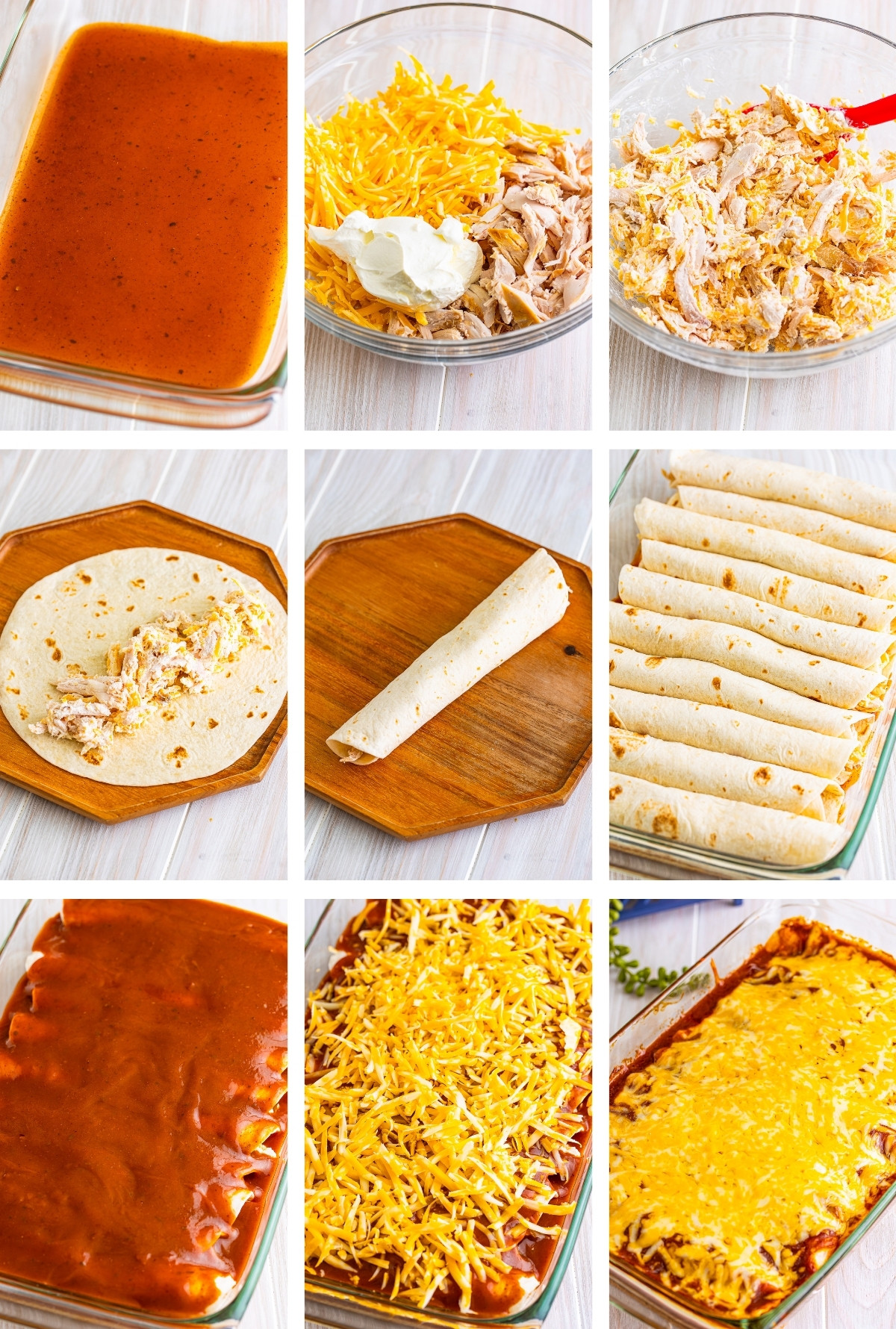 collage of images showing how to assemble Rotisserie Chicken Enchiladas