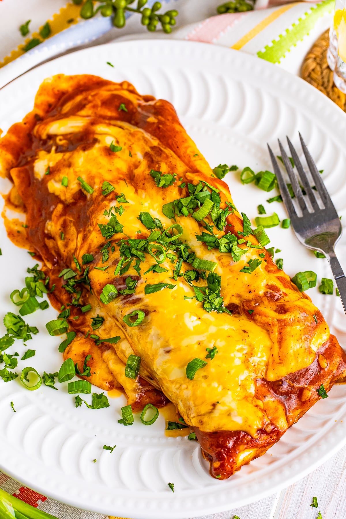 overhead image of Rotisserie Chicken Enchiladas on white plate