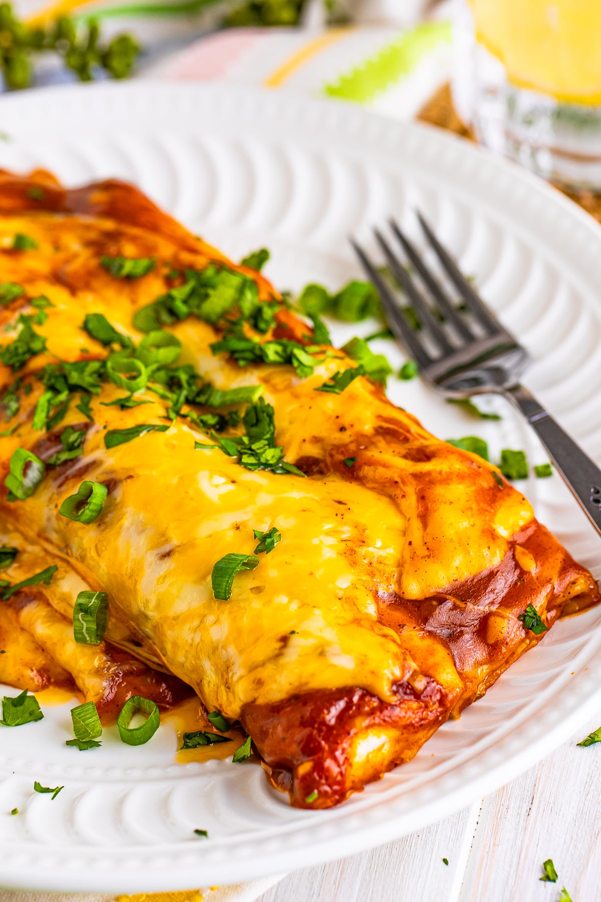 up close image of Rotisserie Chicken Enchiladas on a white plate