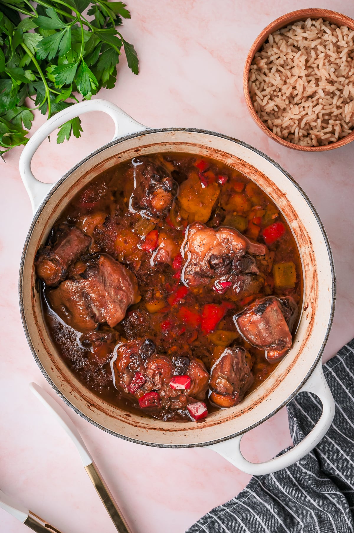 overhead image of finished Oxtails in Dutch oven