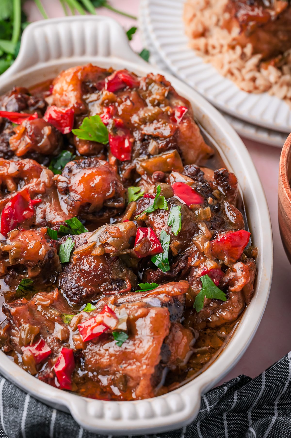 finished Oxtails served in a baking dish