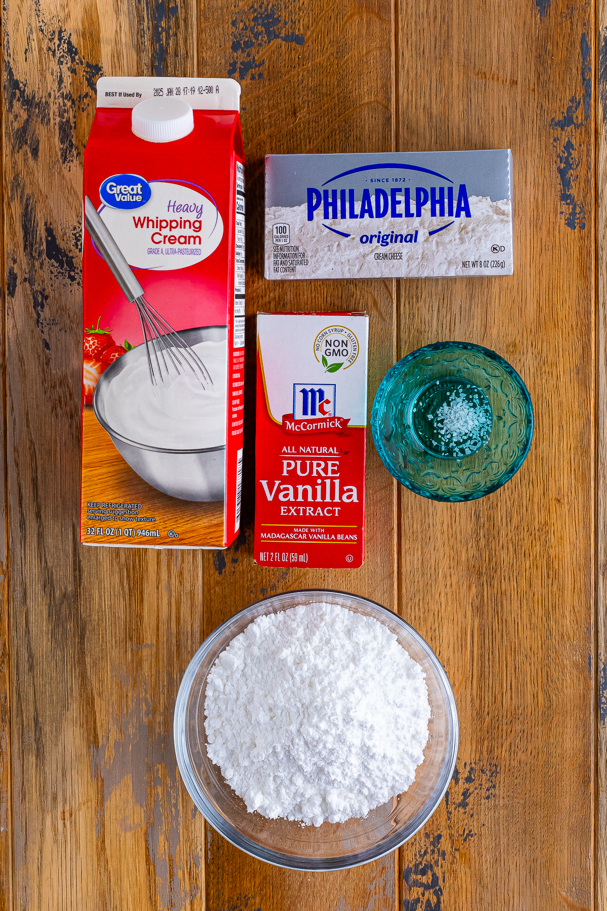 ingredients needed to make Whipped Cream Cream Cheese Frosting