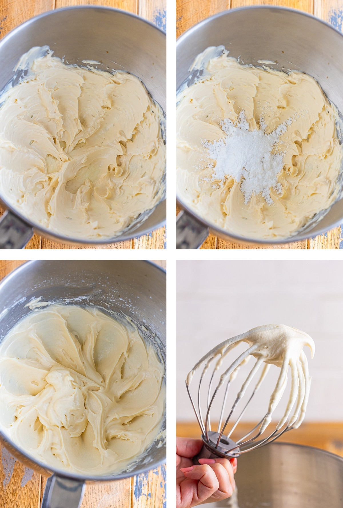 collage of images showing how to make Whipped Cream Cream Cheese Frosting