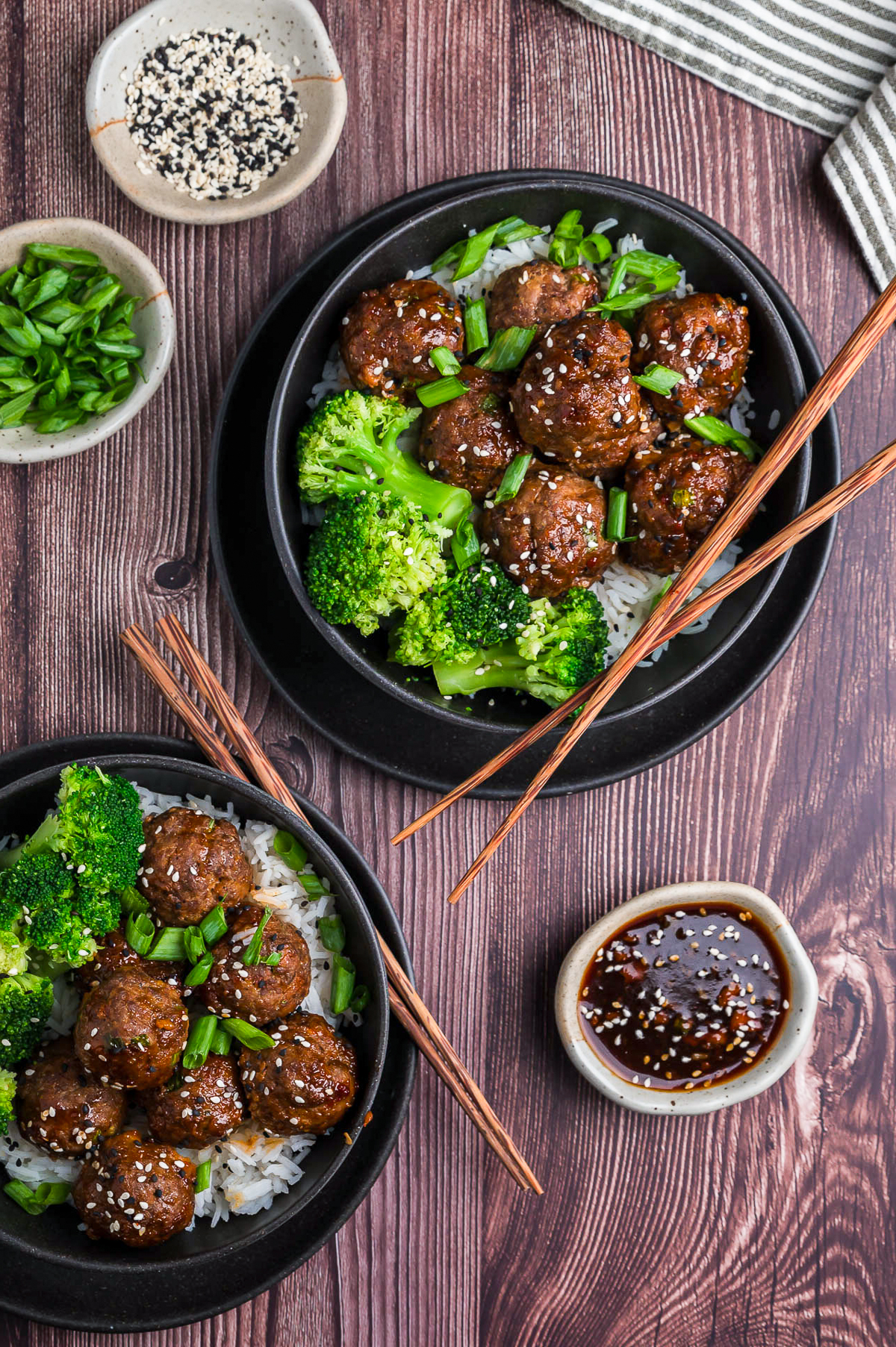 overhead image of Asian Meatballs on table set up