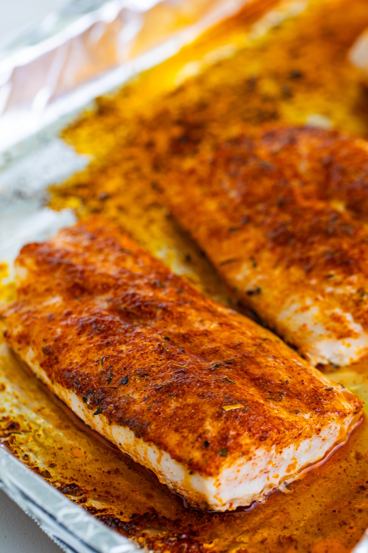 finished Baked Mahi Recipe on sheet tray with foil