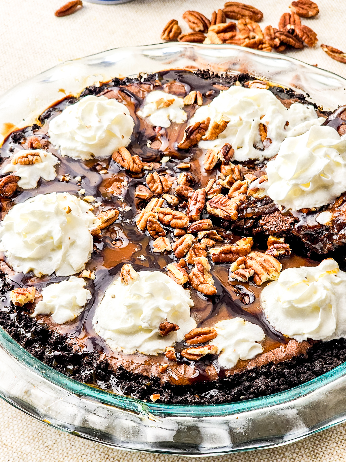 finished Brownie Pie in baking dish with garnishes