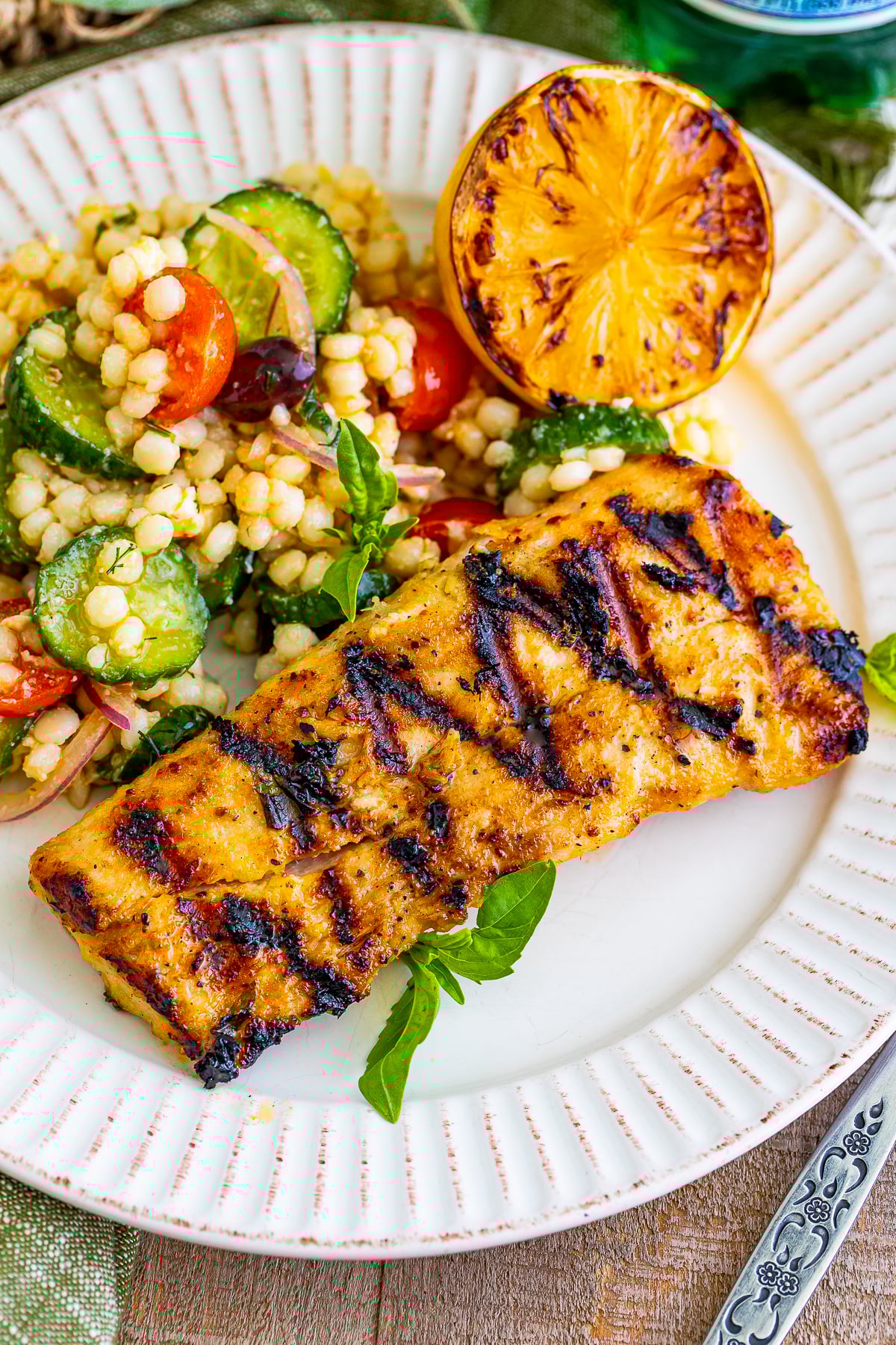 overhead image of finished Grilled Mahi on a white plate
