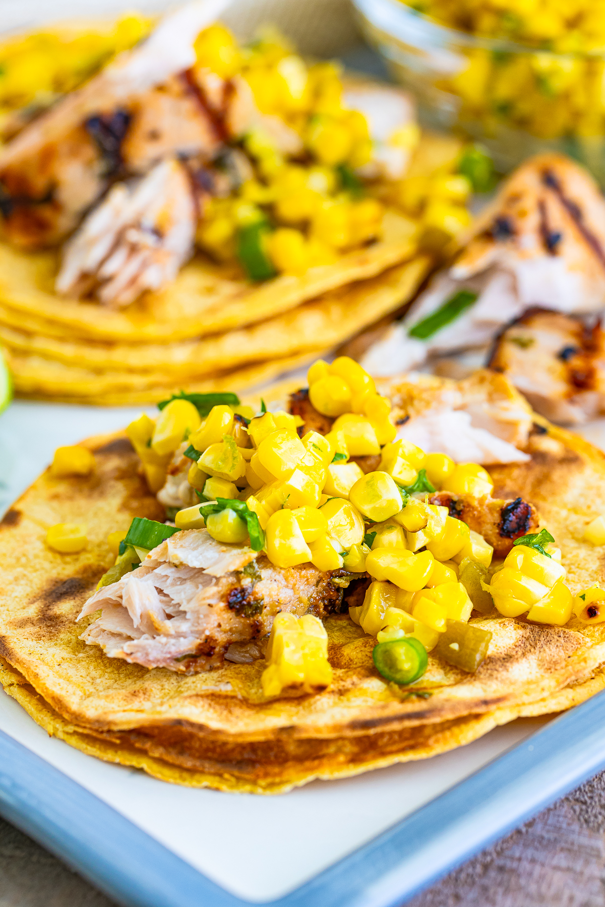 up close image of Mahi Fish Tacos on a serving platter
