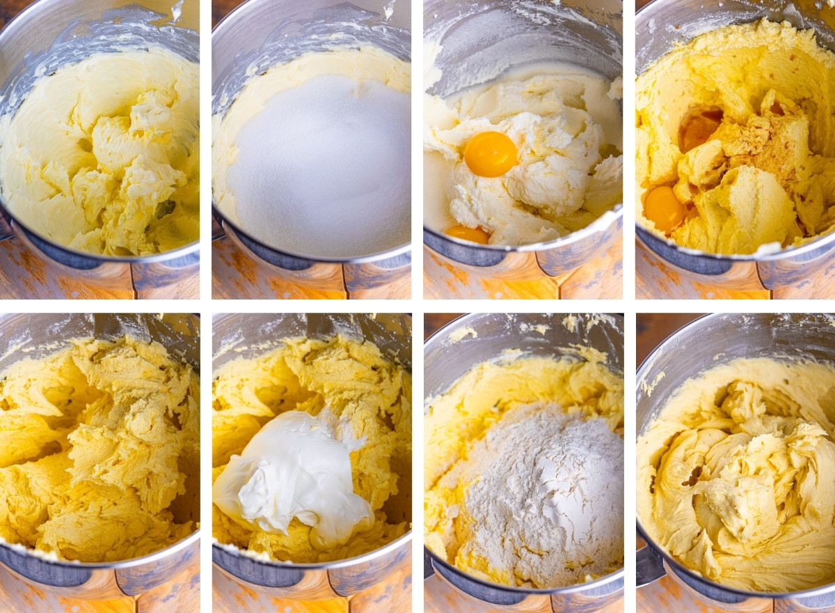 collage of images showing how to make the batter for Pound Cake