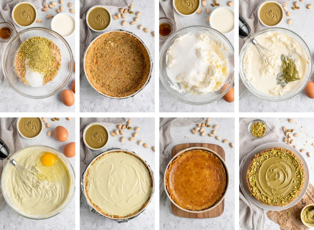 collage of images showing how to make Pistachio Cheesecake