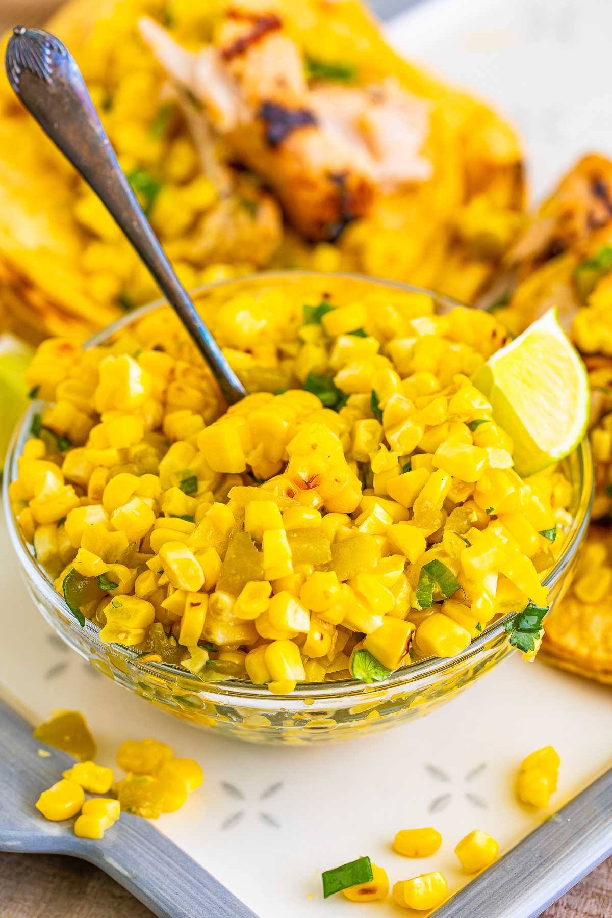 Roasted Corn Salsa in a glass bowl