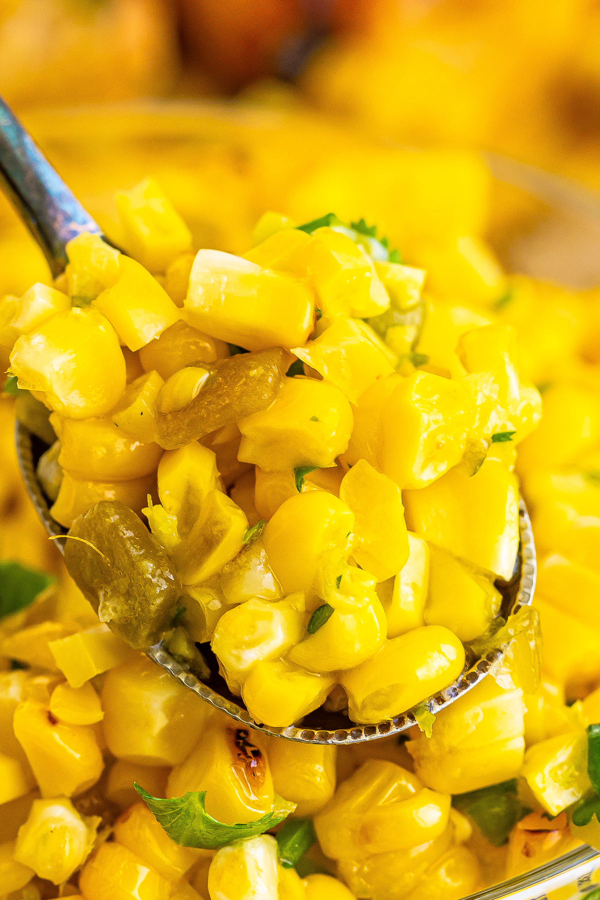 up close image of Roasted Corn Salsa on a spoon