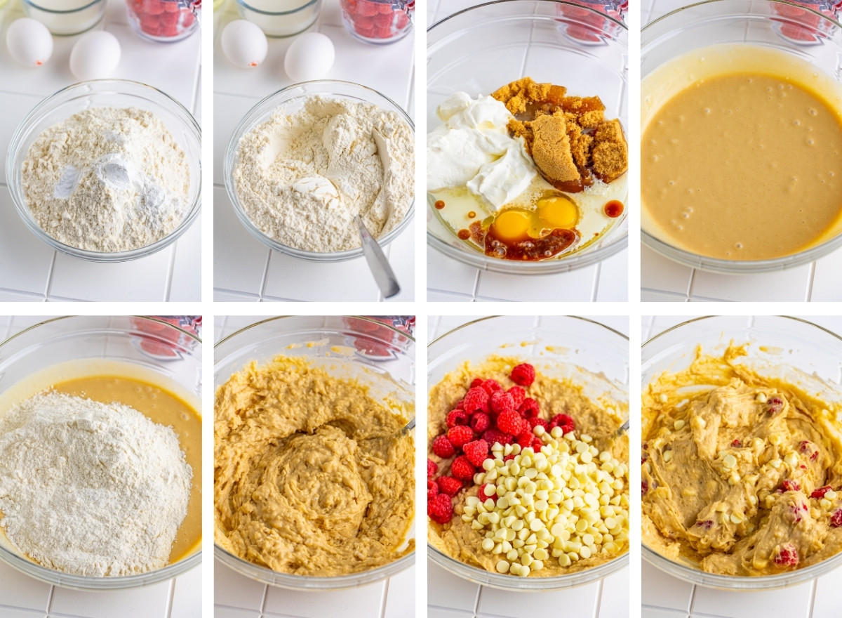 how to make the batter for White Chocolate and Raspberry Muffins