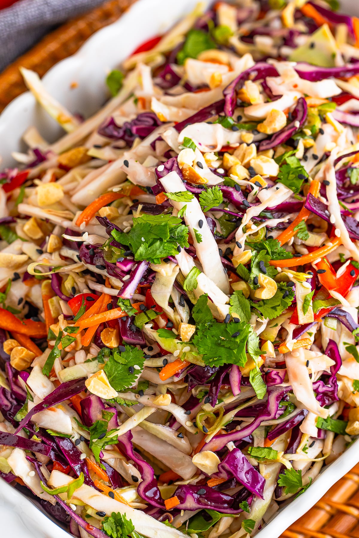up close overhead image of finished Asian Slaw Recipe in serving bowl