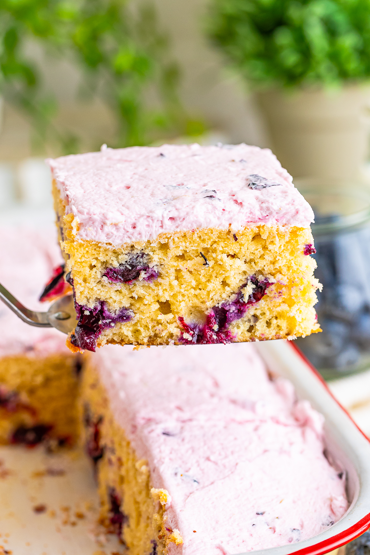 a slice of Blueberry Cake being held in the air on a spatula