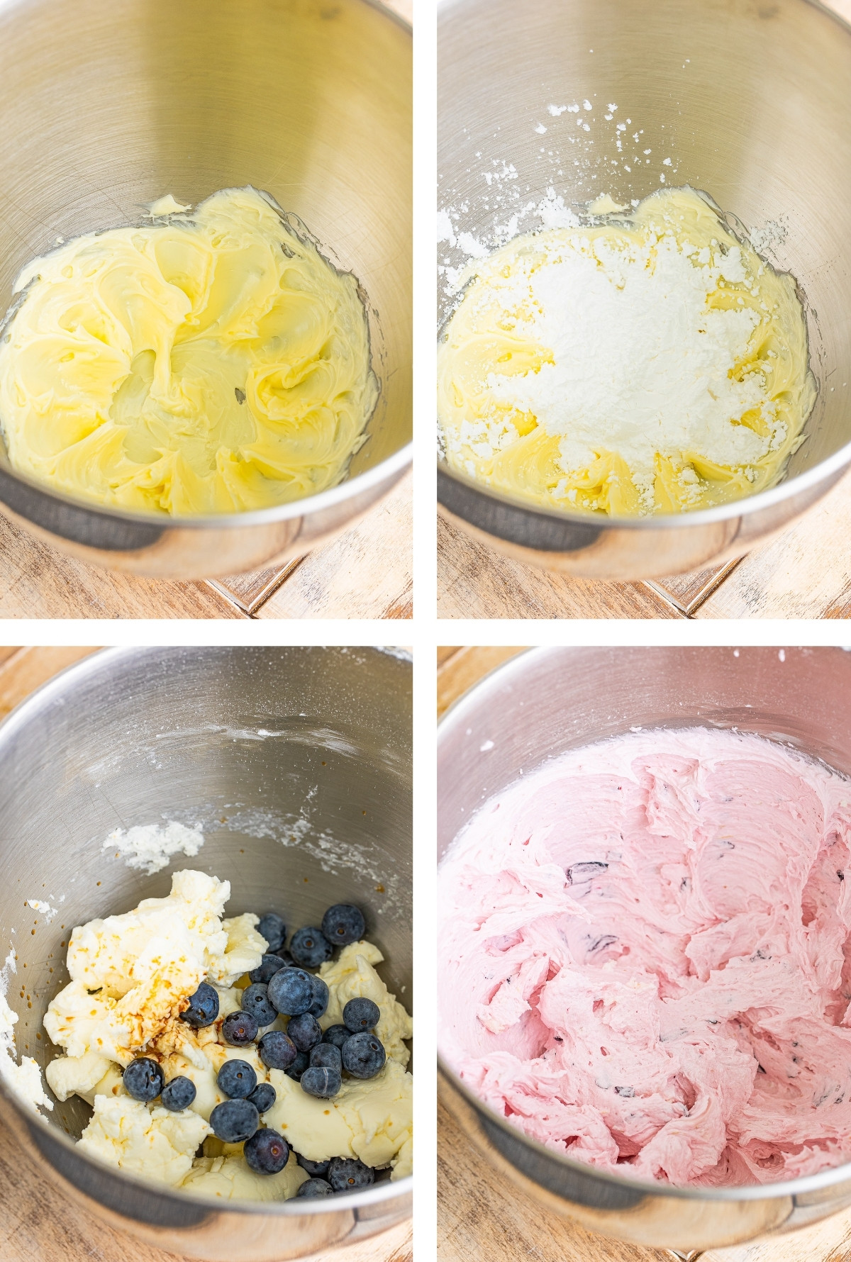collage of images showing how to make the frosting for Blueberry Cake