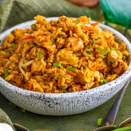 A bowl of better than takeout chicken fried rice topped with green onions
