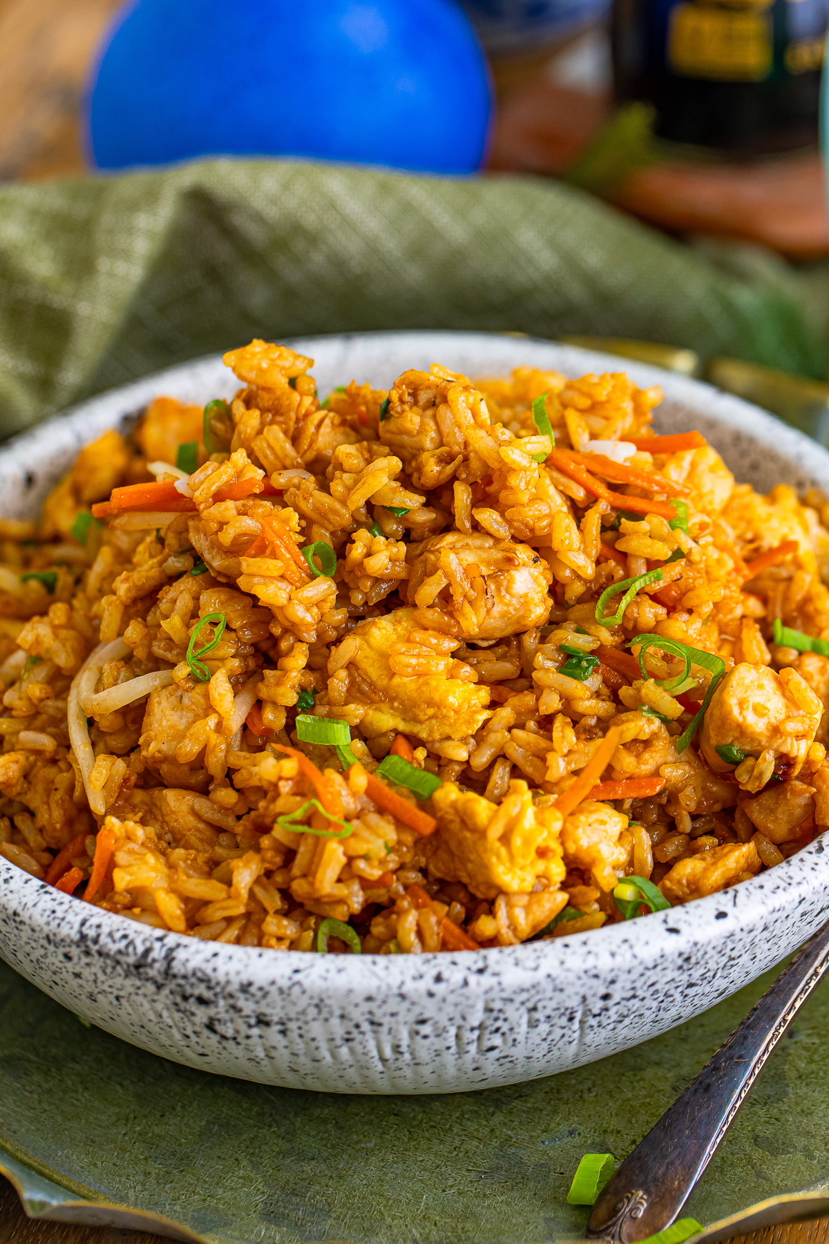 upclose image of Chicken Fried Rice in speckled bowl