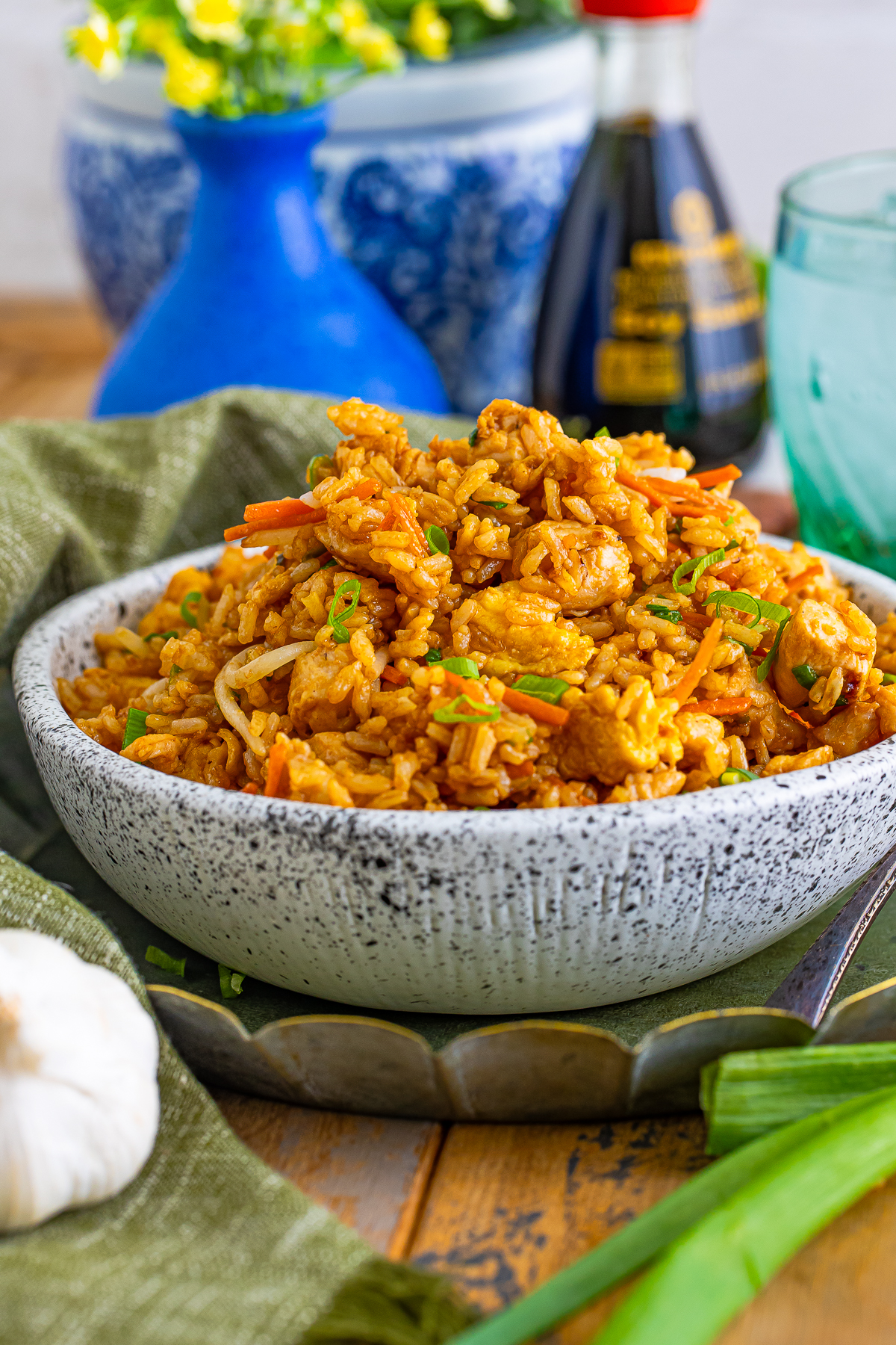 Chicken Fried Rice served in a metal platter