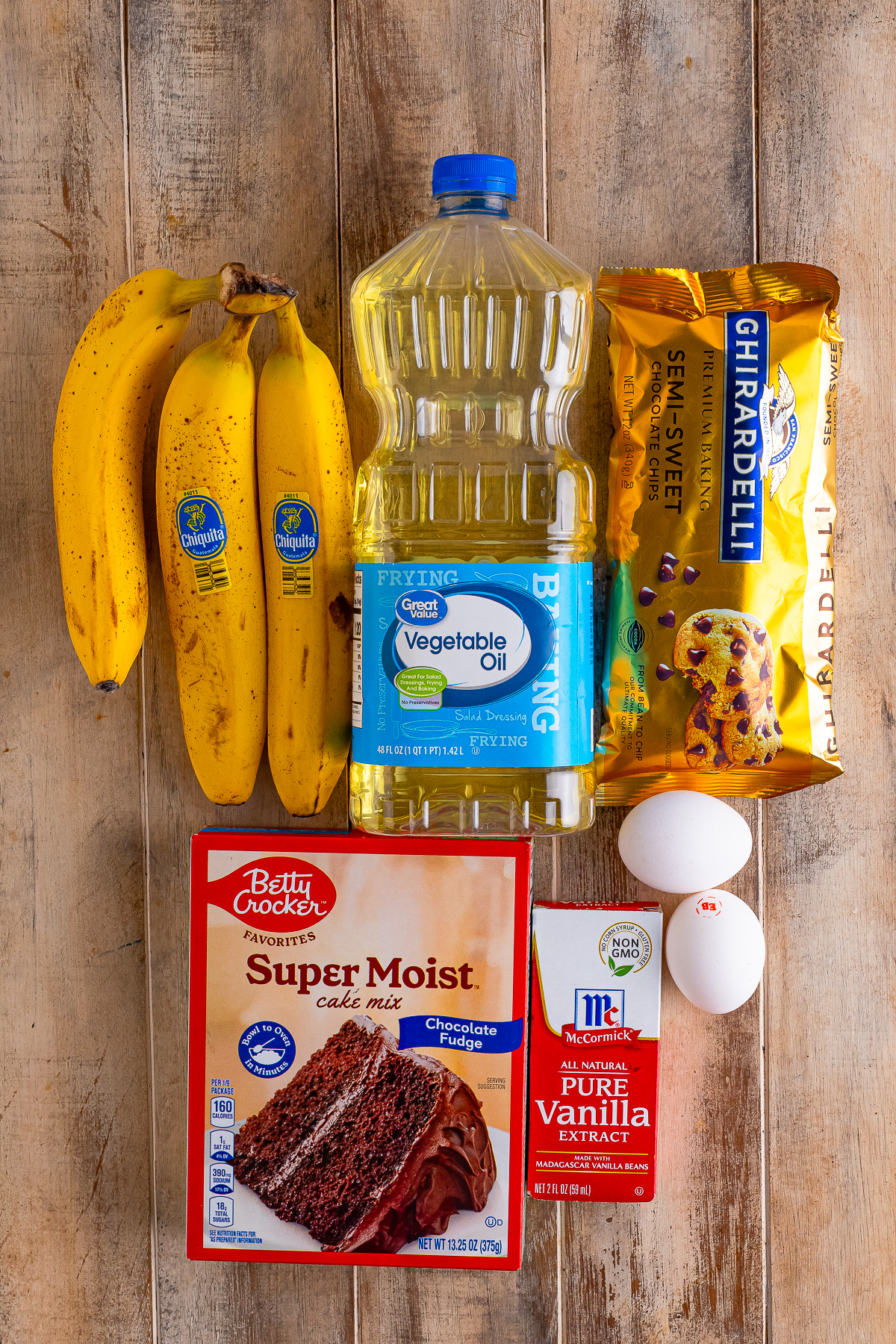ingredients needed to make Chocolate Banana Chocolate Chip Muffins