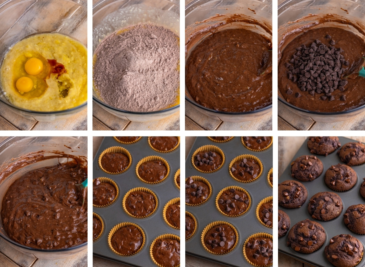 collage of images showing how to make Chocolate Banana Chocolate Chip Muffins