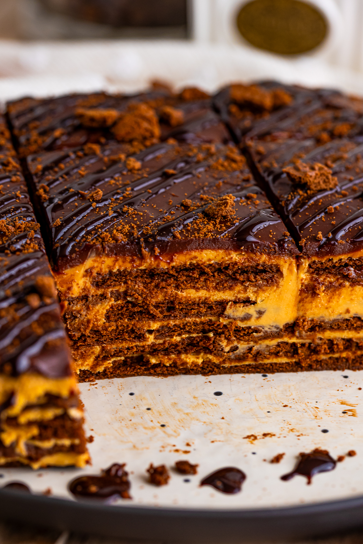 up close image of Chocotorta with a slice taken out