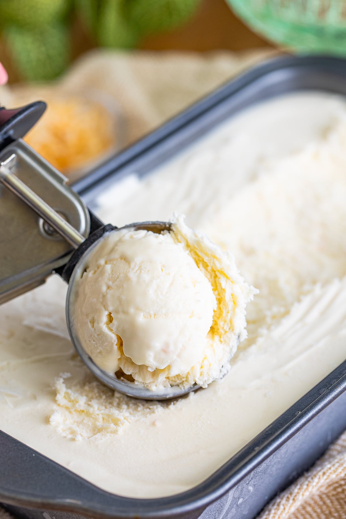 an ice cream scoop getting a scoop of Coconut Ice Cream out of the container