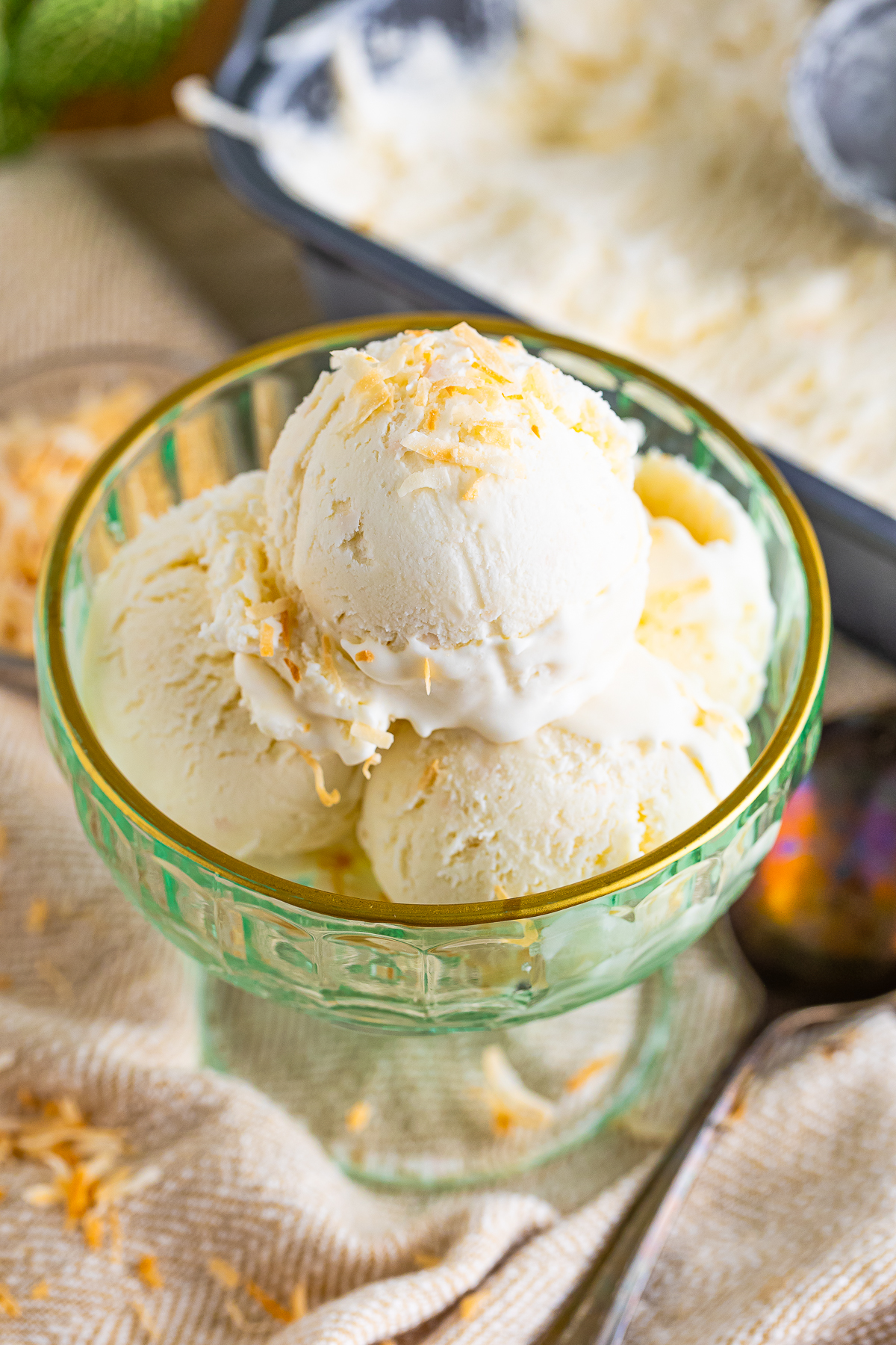 Coconut Ice Cream in a green serving dish