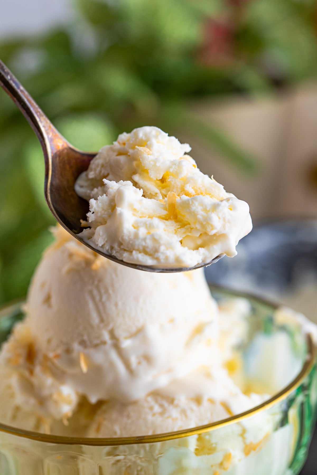 Coconut Ice Cream on a spoon in air