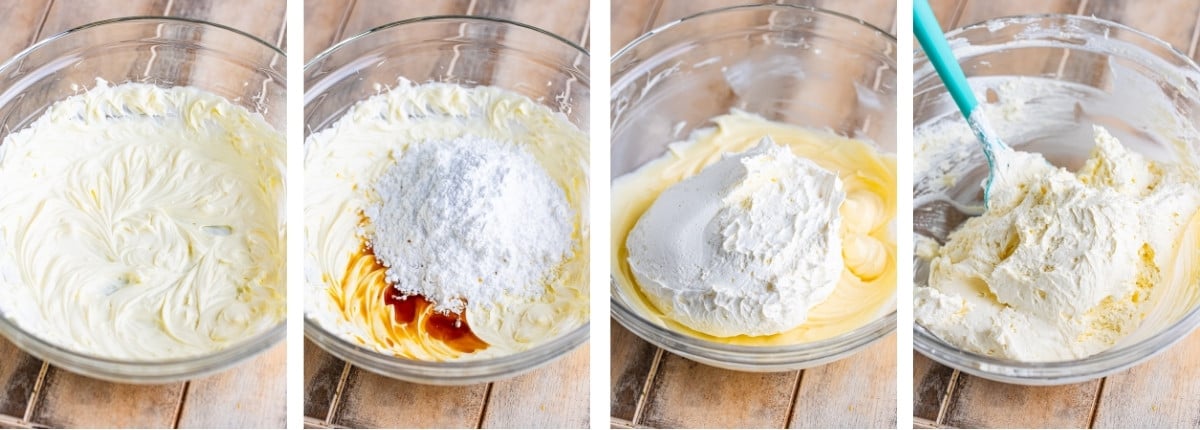 collage of images showing how to make Cream Cheese Fruit Dip