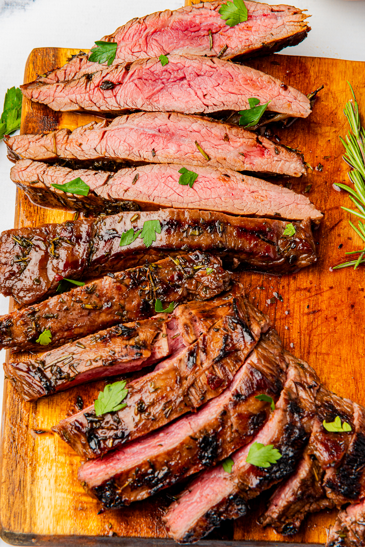 overhead image of steak slices that used Flank Steak Marinade