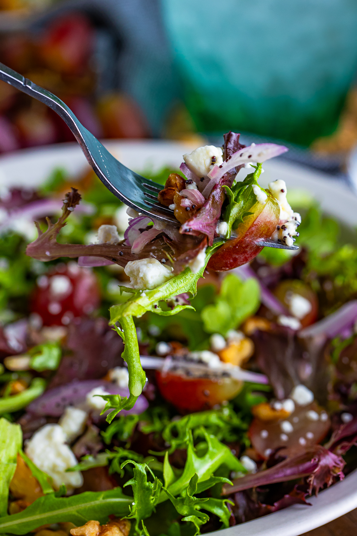 a fork holding up a bite of Goat Cheese Salad in air