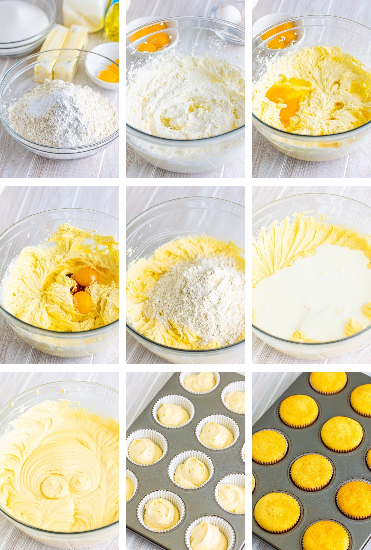 collage of images showing how to make the cake batter for Birthday Cupcakes