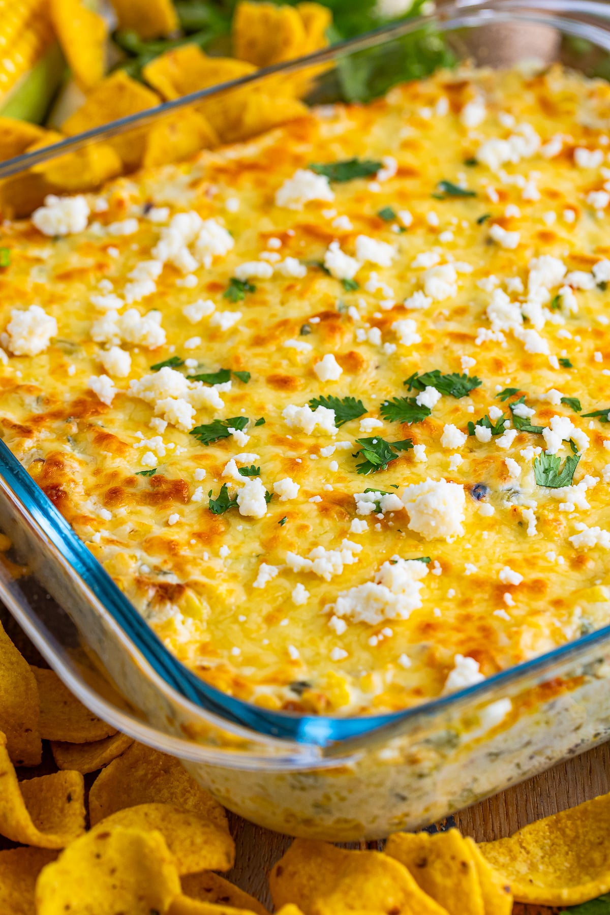 up close image of Mexican Street Corn dip in baking dish
