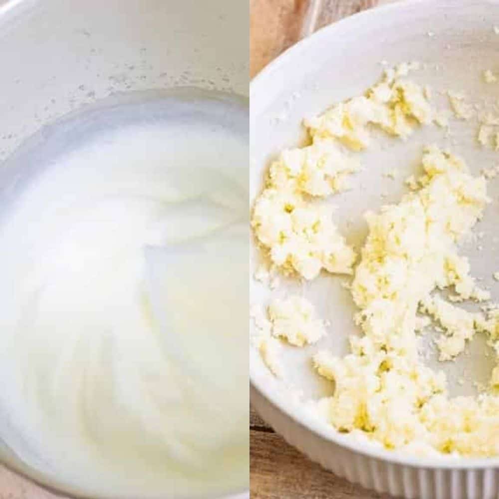 Whipped eggs and creamed butter in bowls.