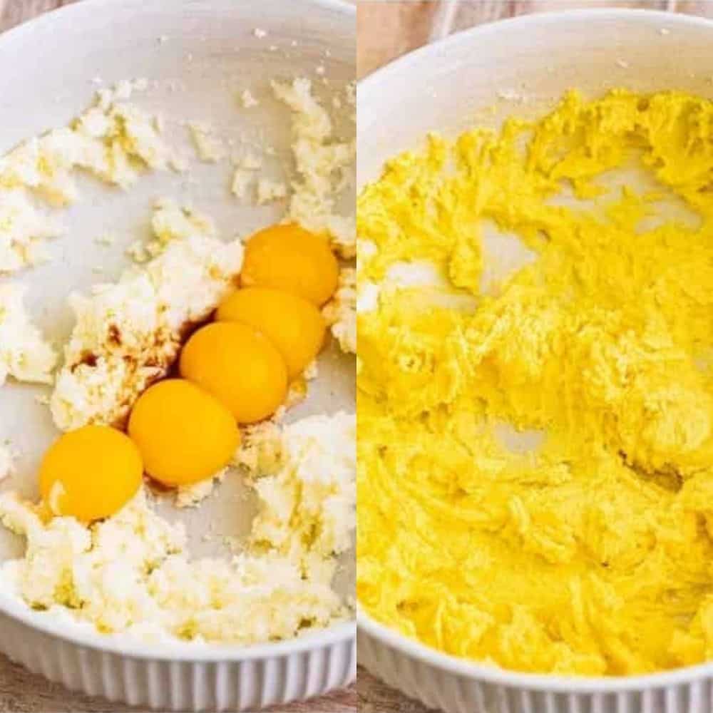Egg yolks added to creamed butter and sugar, then mixed until smooth for tres leches cake batter.