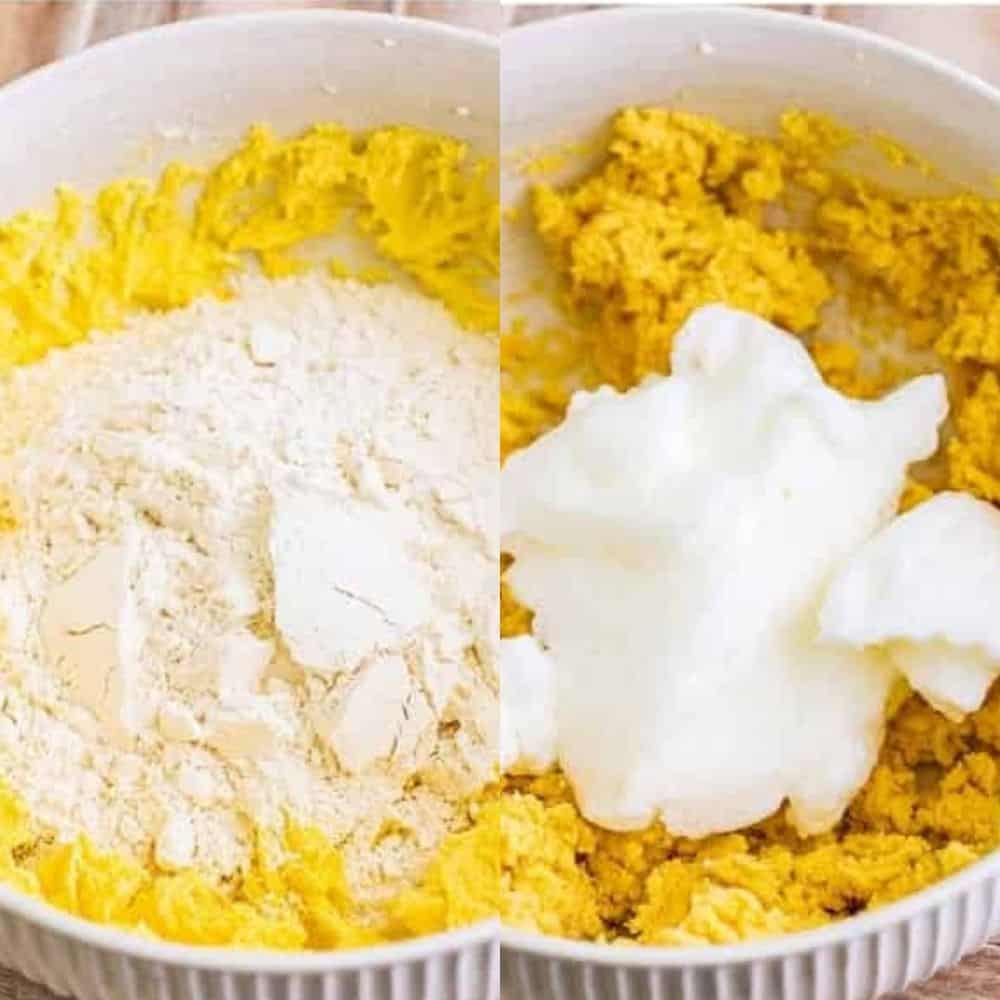 Flour and whipped egg whites being folded into cake batter for light and fluffy tres leches sponge.
