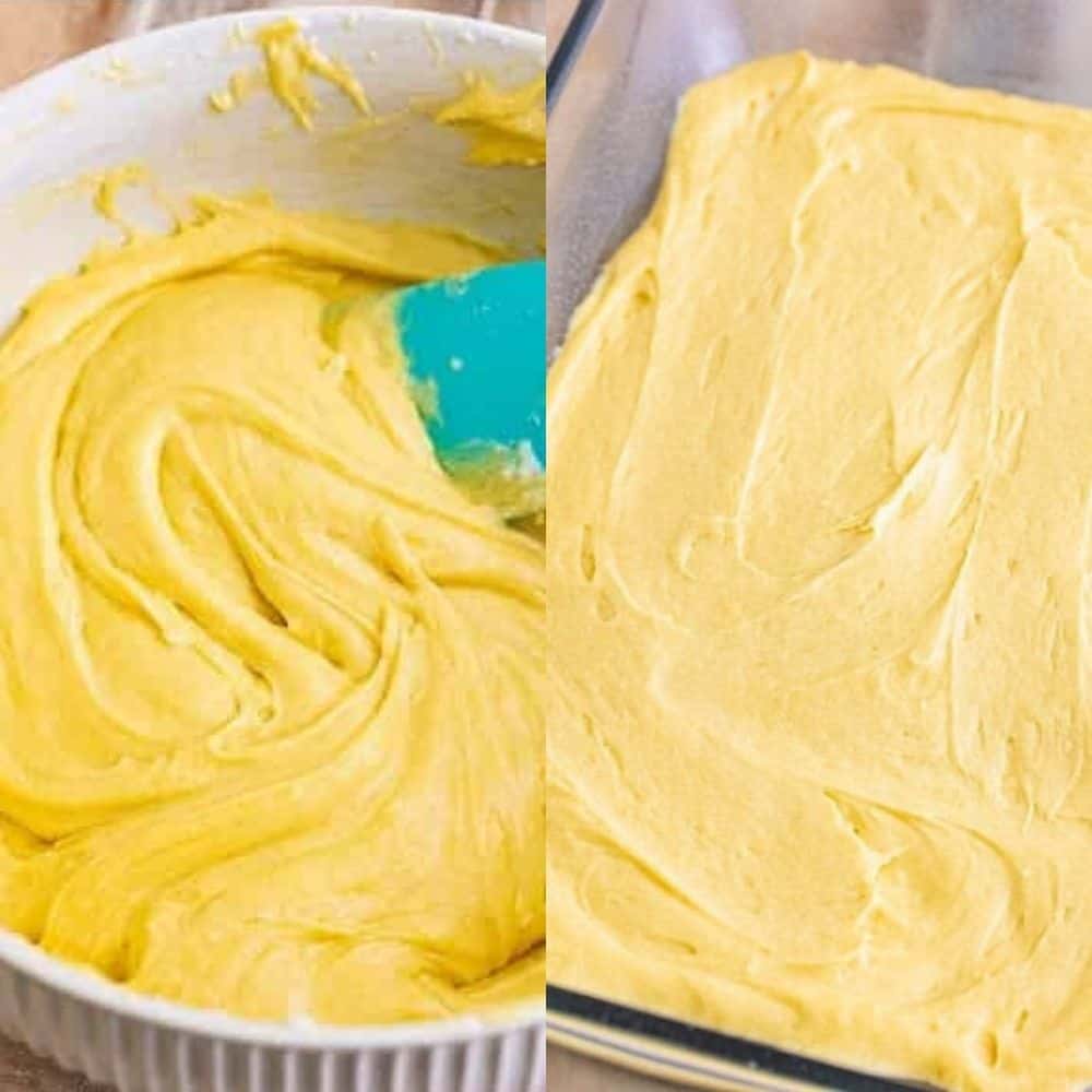 Smooth tres leches cake batter being mixed and spread evenly into a baking dish before baking