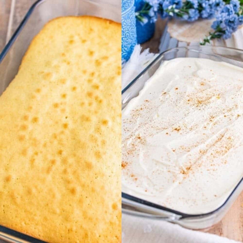 baked sponge topped with whipped cream and a dusting of cinnamon