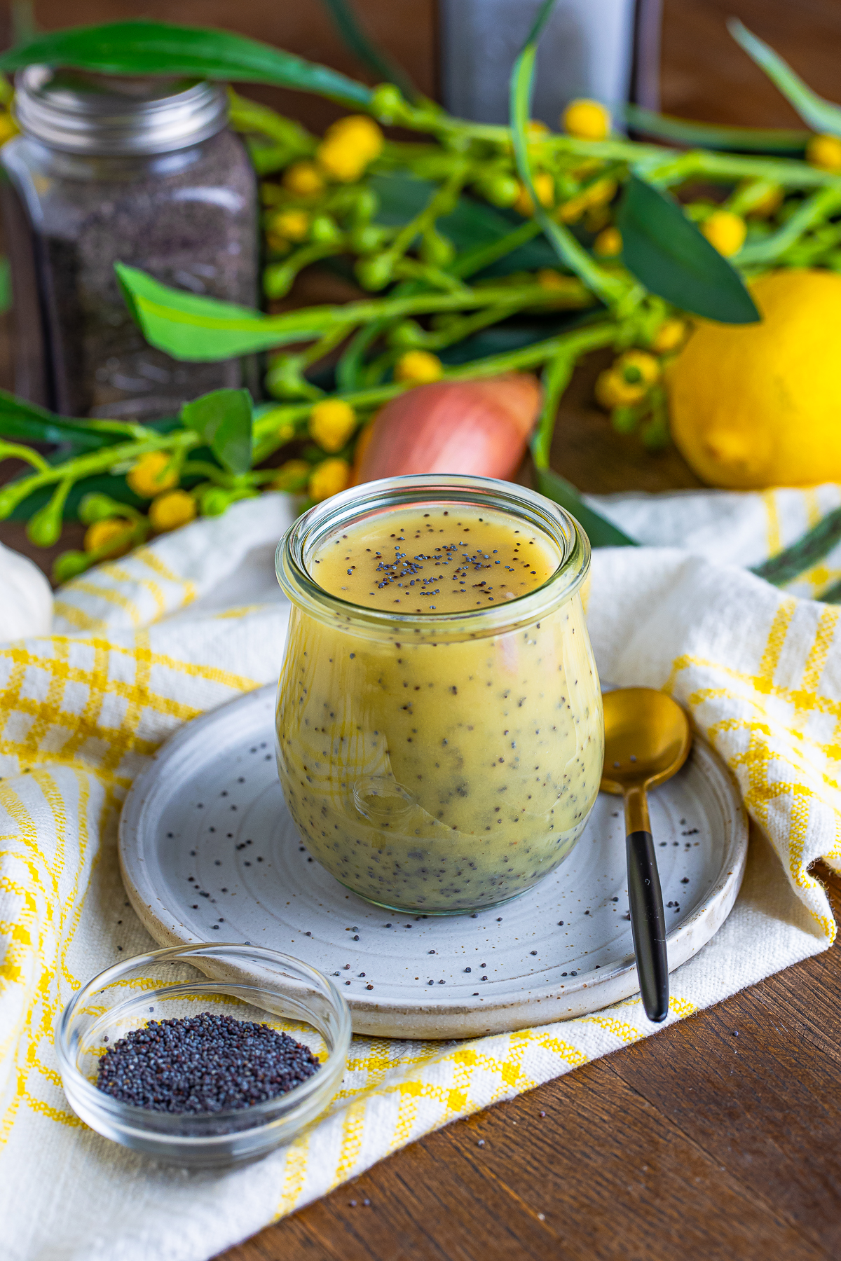 Poppy Seed Dressing in a jar on a table top