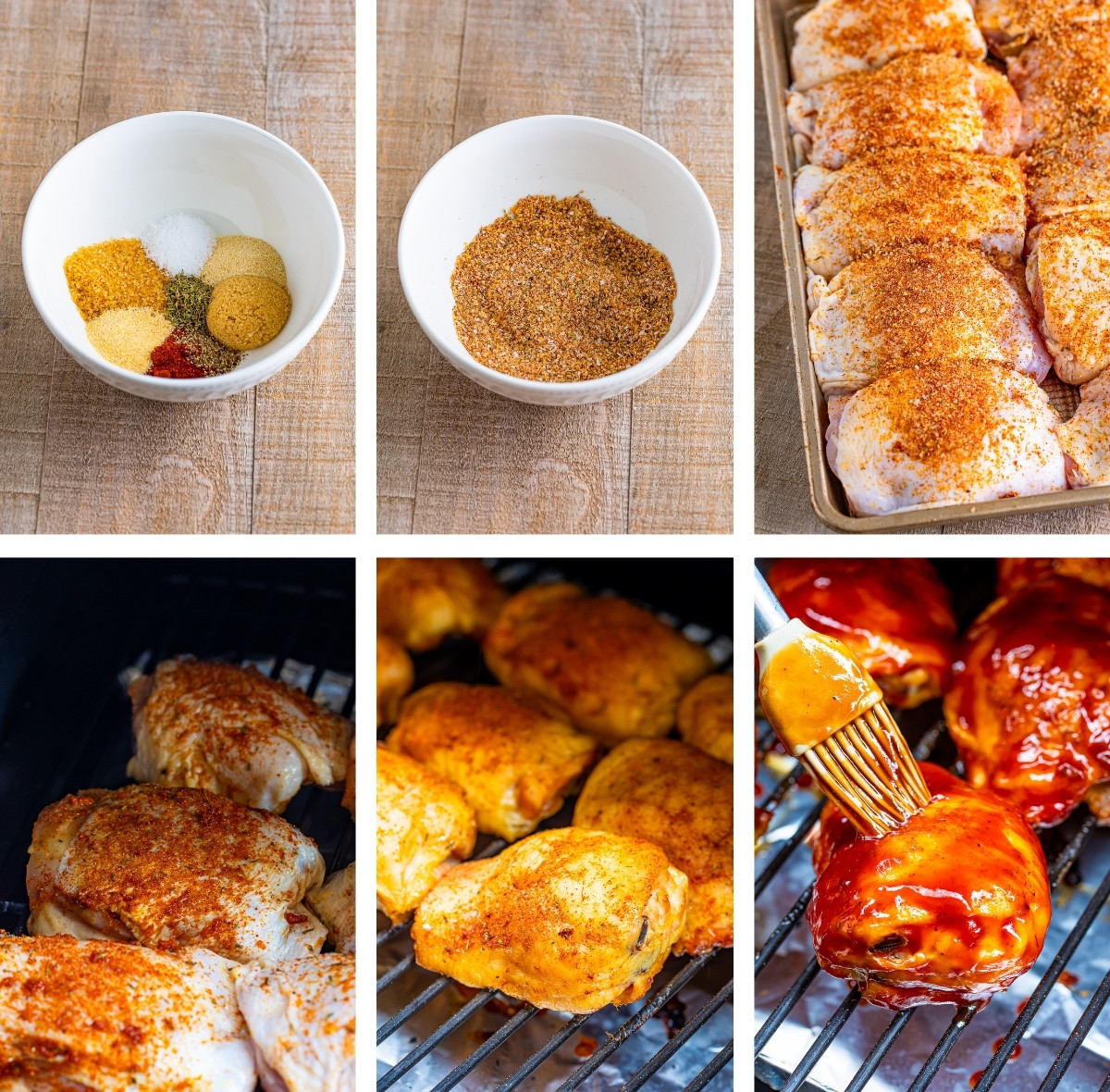 collage of images showing how to make Smoked Chicken Thighs