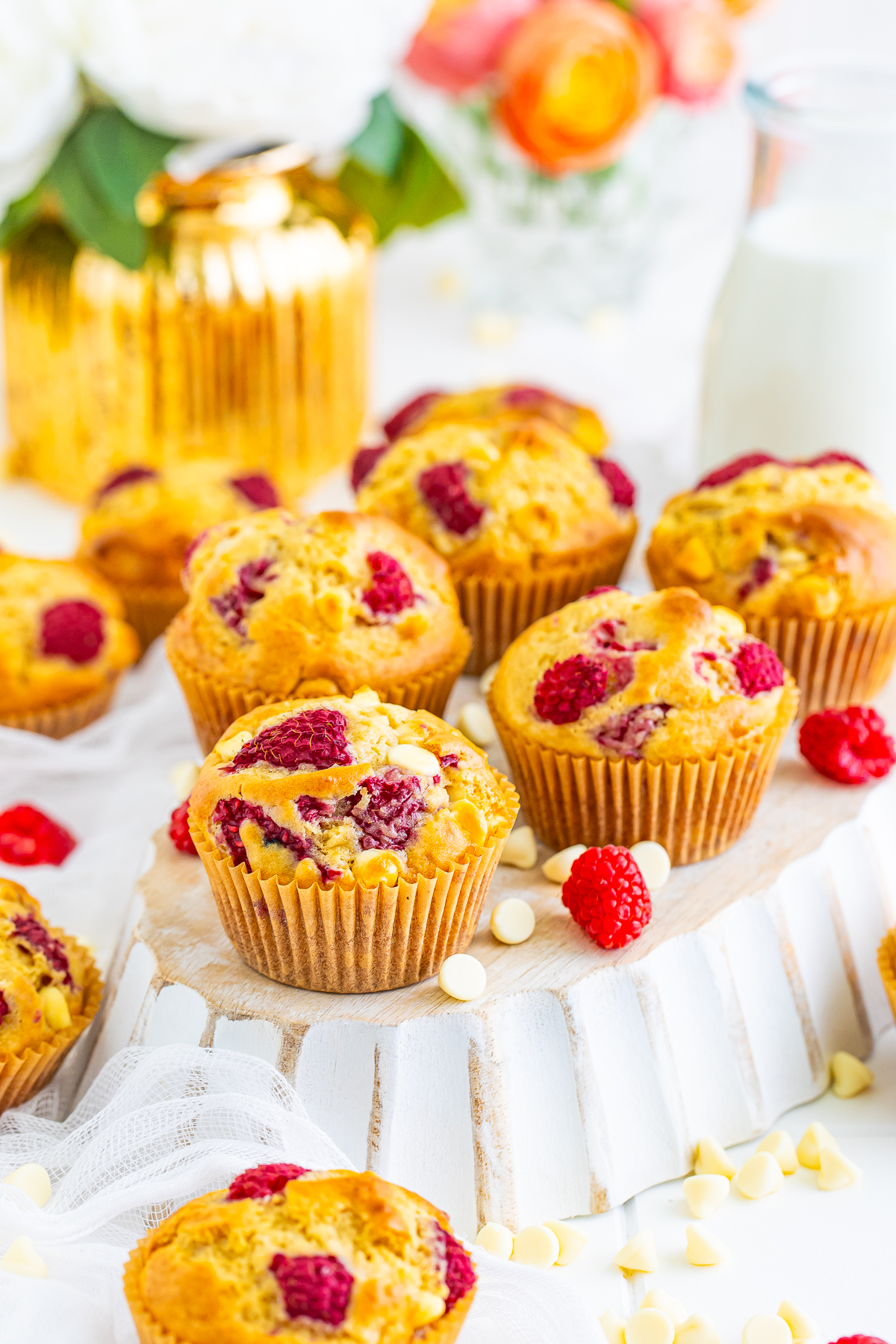lots of White Chocolate and Raspberry Muffins served on table top