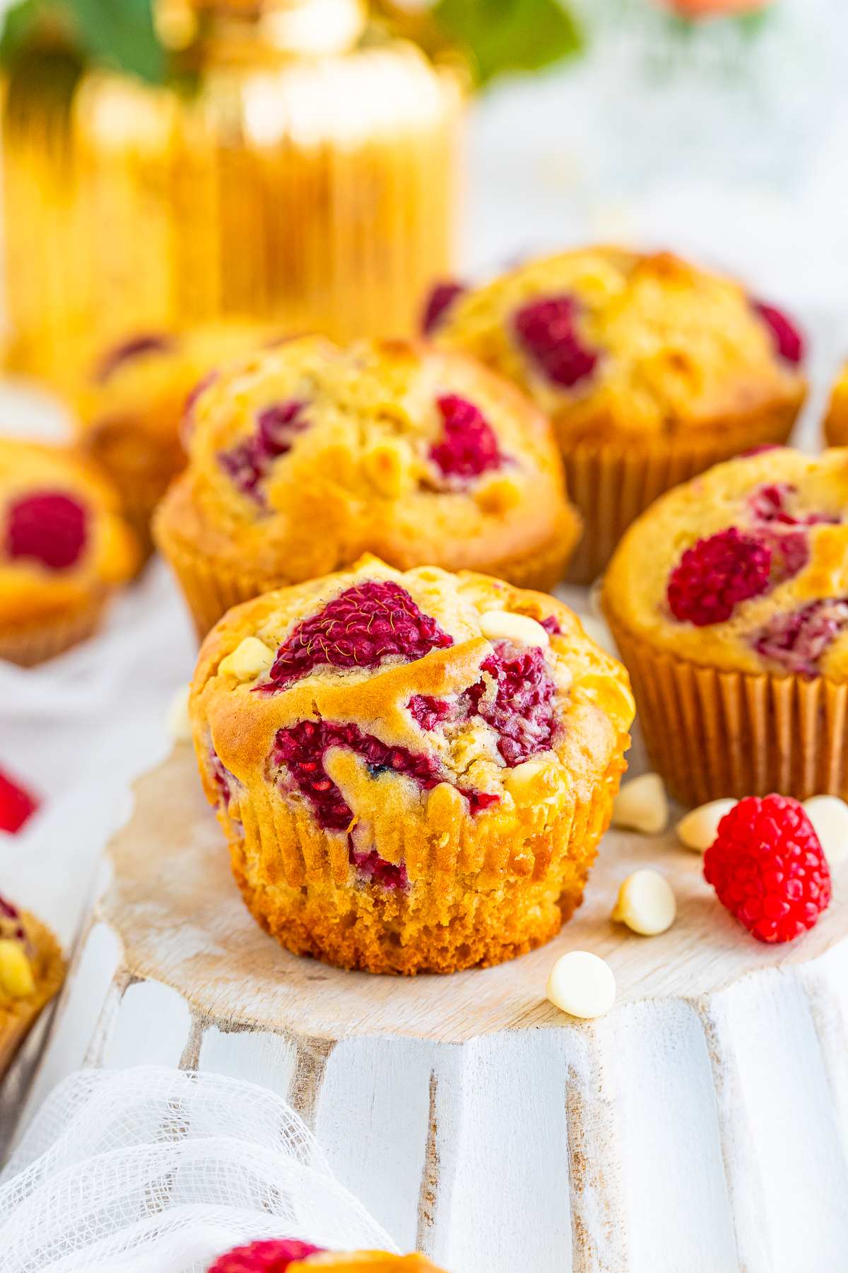 up close image of White Chocolate and Raspberry Muffins without wrapper