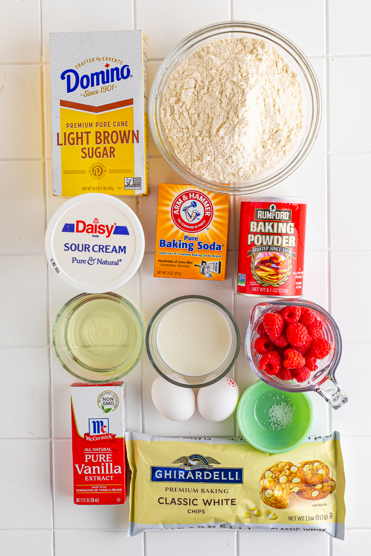 ingredients needed to make White Chocolate and Raspberry Muffins