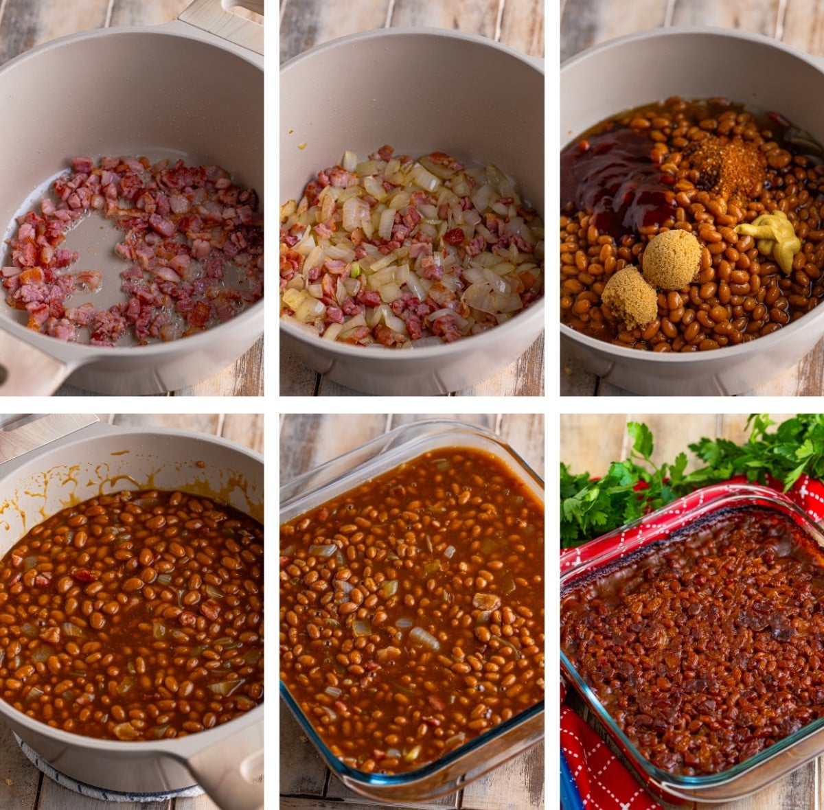 collage of images showing how to make baked beans recipe