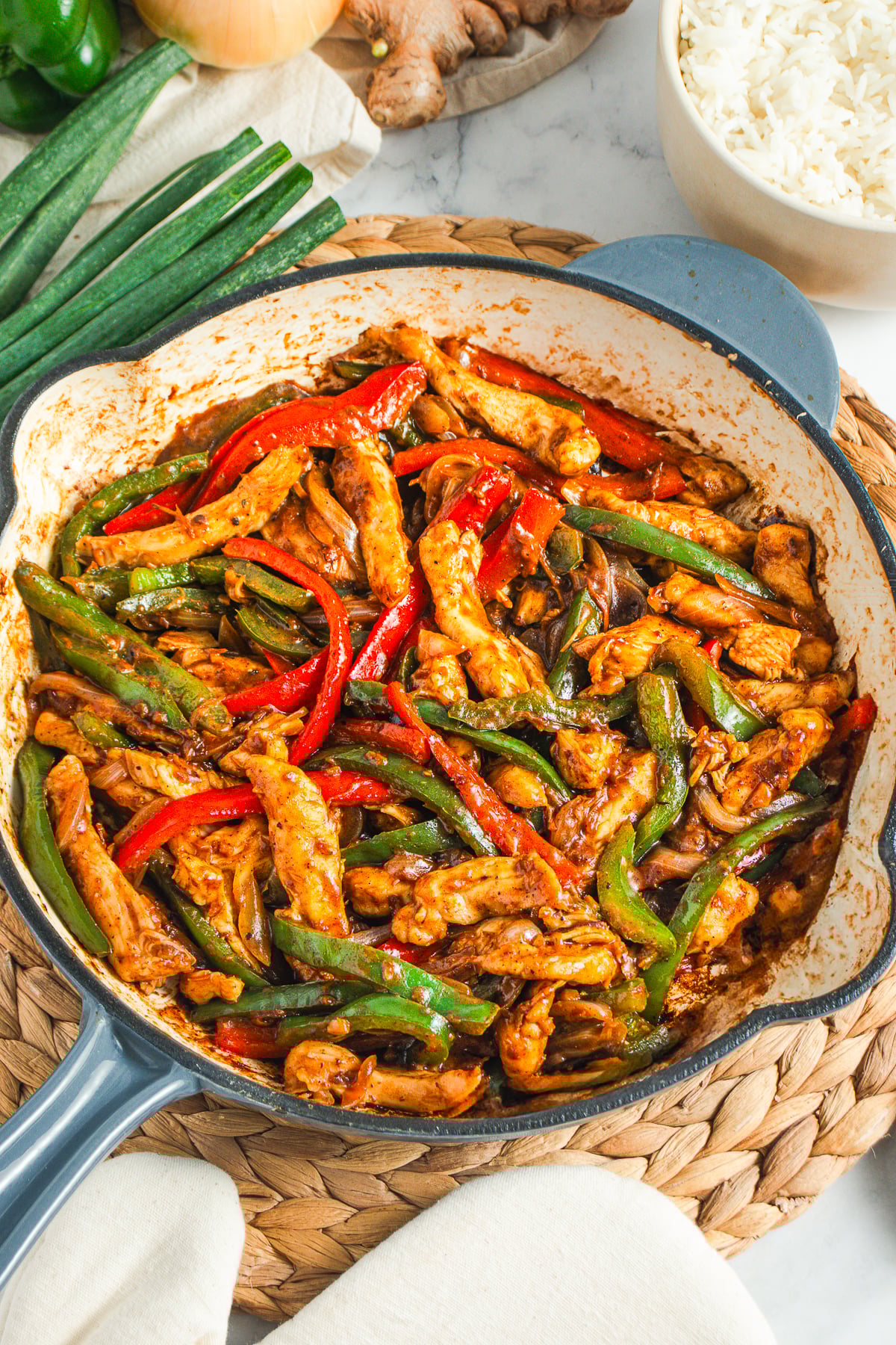 overhead image of Black Pepper Chicken in skillet