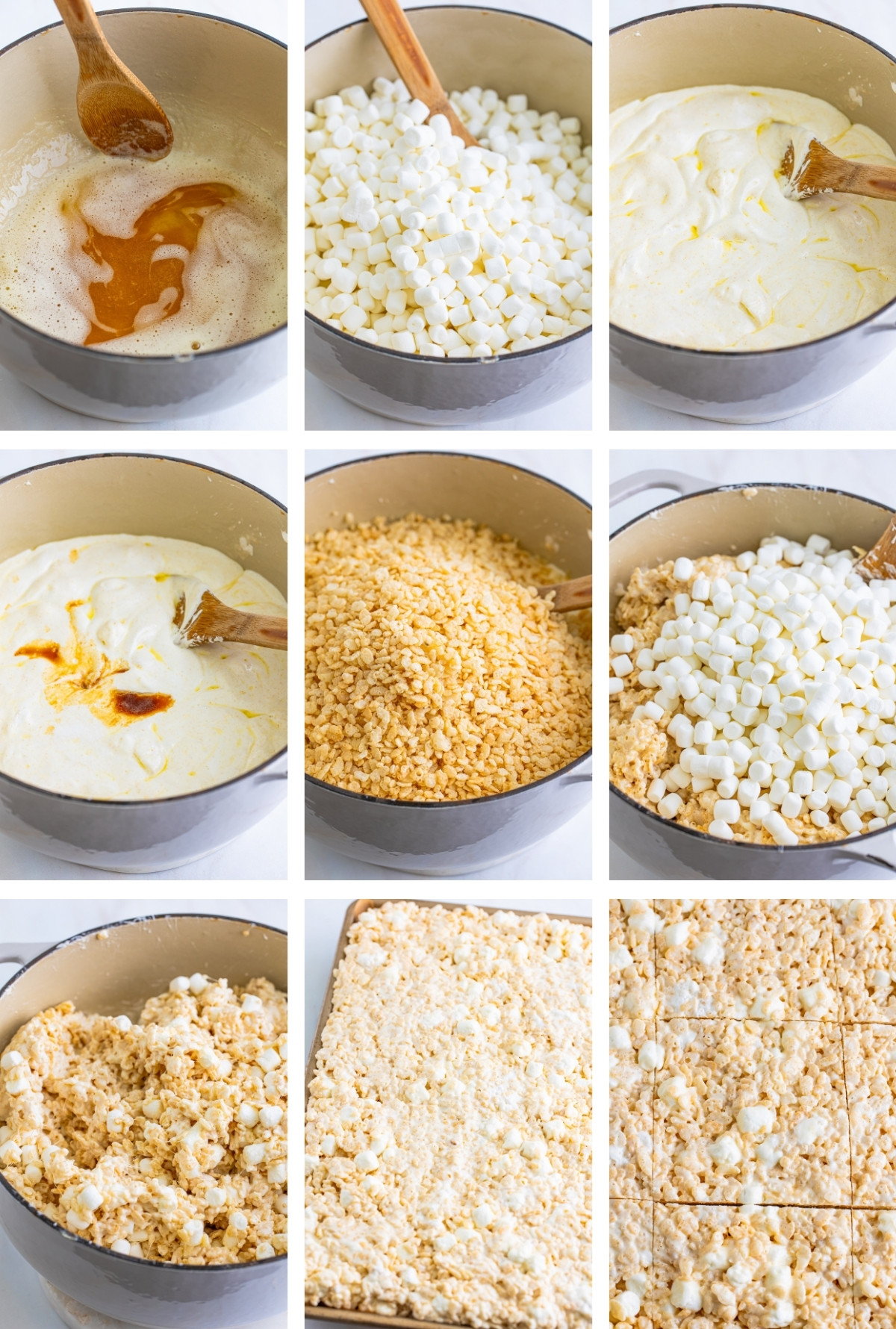 collage of images showing how to make Brown Butter Rice Crispy Treats