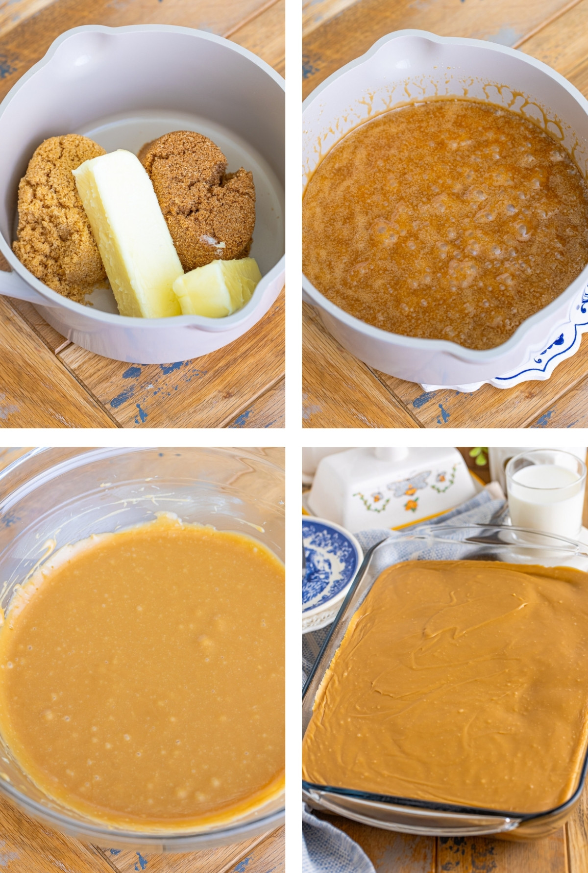 collage of images showing how to make the topping for Caramel Cake